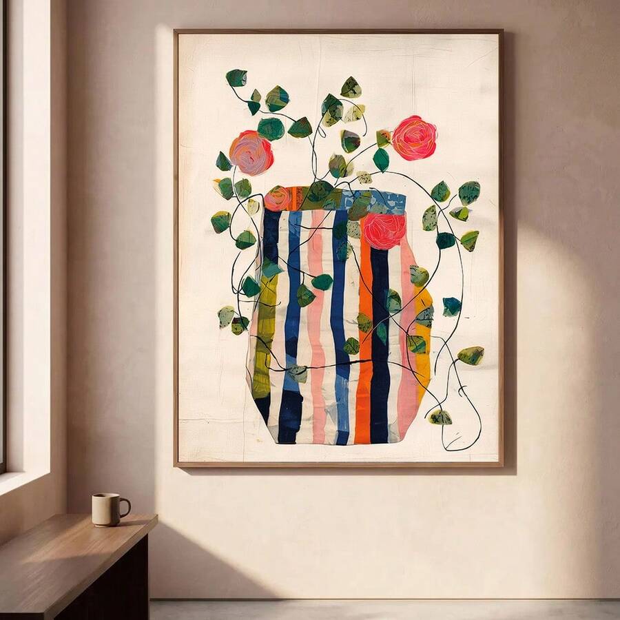 Boho Botanical Floral Striped Vase Canvas poster with vintage charm and natural tones. Perfect for farmhouse, cottagecore, boho, and modern home decor.
