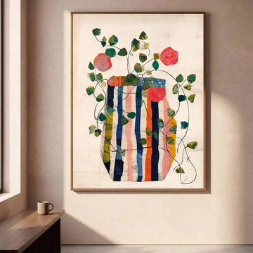 Boho Botanical Floral Striped Vase Canvas poster with vintage charm and natural tones. Perfect for farmhouse, cottagecore, boho, and modern home decor.