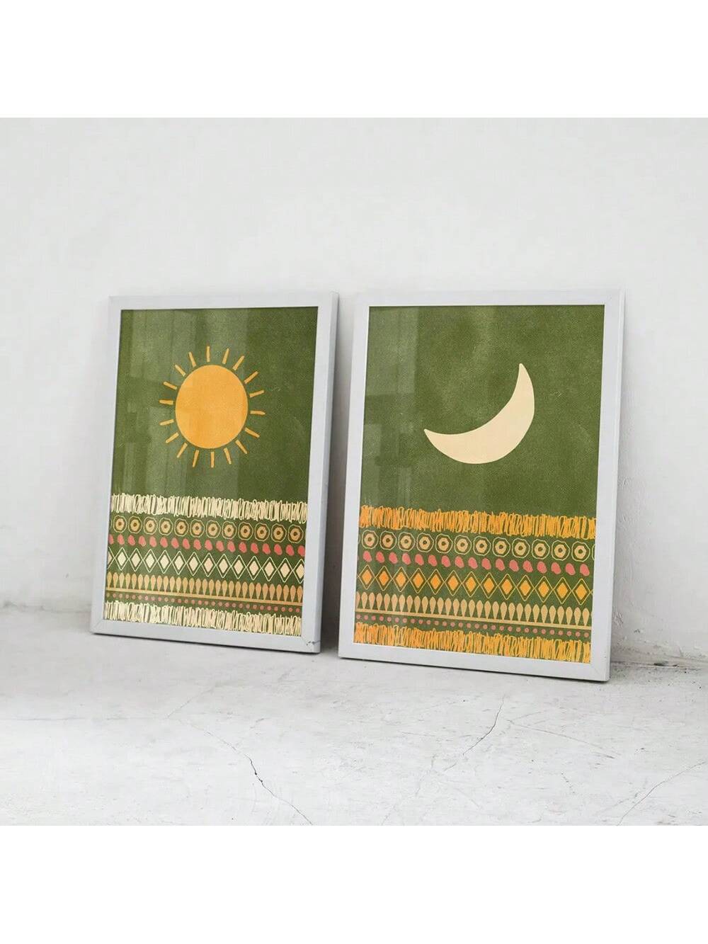 Enhance your modern home décor with our Boho Chic Sun &amp; Moon Art Print Set. These unframed green retro posters bring a unique touch of style and sophistication to any room. Expertly crafted and printed, our art prints offer a perfect blend of vintage and contemporary vibes. Add a touch of celestial elegance to your home today.