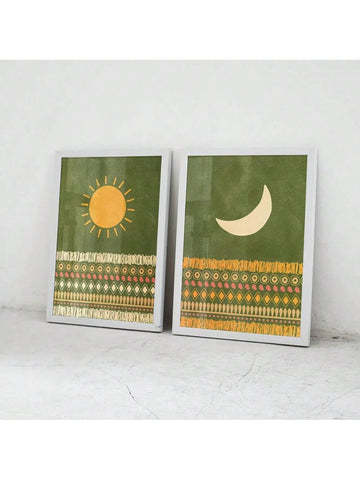 Enhance your modern home décor with our Boho Chic Sun &amp; Moon Art Print Set. These unframed green retro posters bring a unique touch of style and sophistication to any room. Expertly crafted and printed, our art prints offer a perfect blend of vintage and contemporary vibes. Add a touch of celestial elegance to your home today.