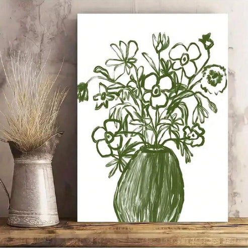 Framed green botanical abstract floral canvas poster for minimalist farmhouse decor