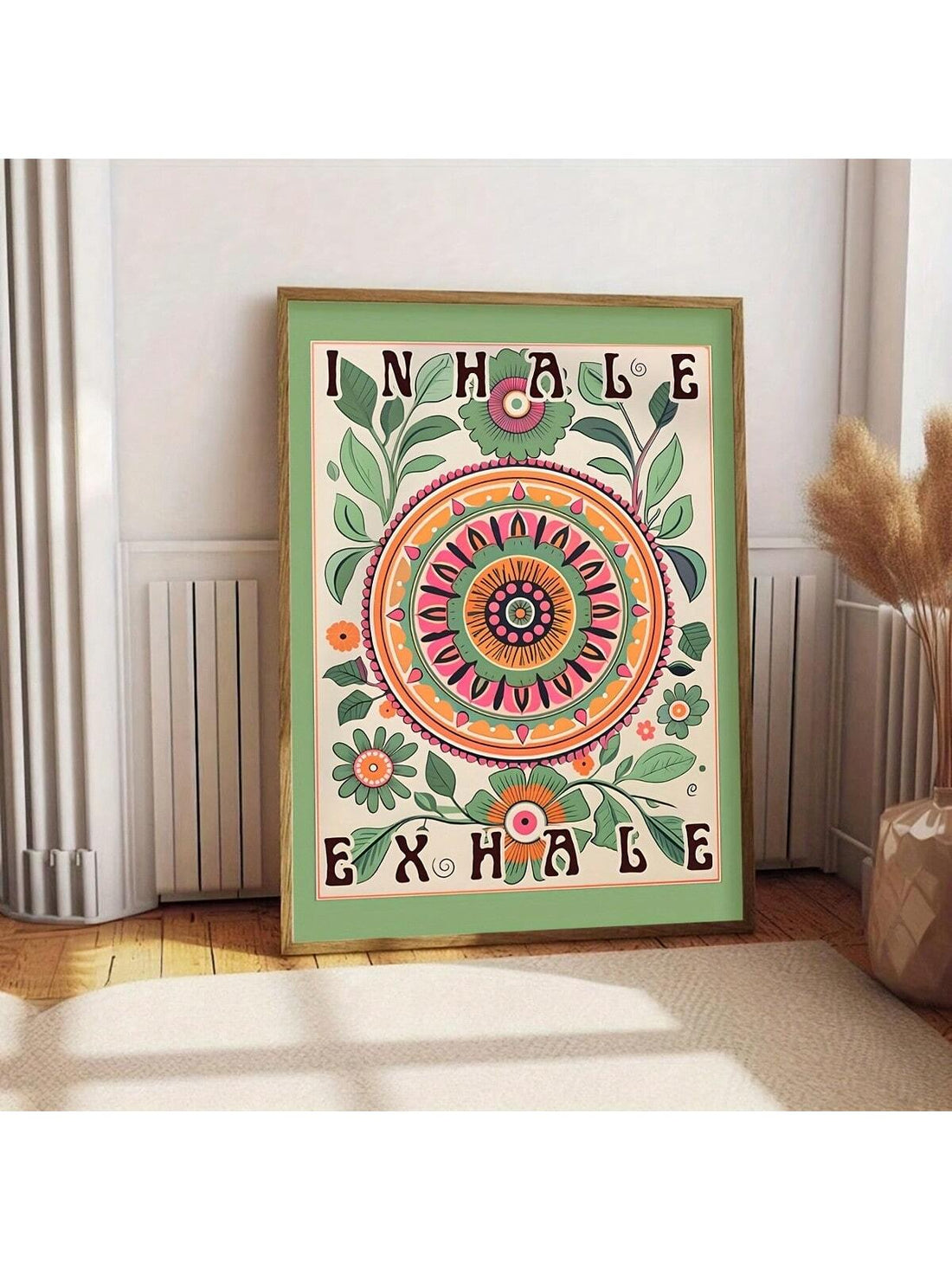 Bring mindful elegance into your space with this boho floral canvas art print. Featuring a serene sage green mandala design paired with "Inhale Exhale" typography, it combines spiritual symbolism with contemporary aesthetics.