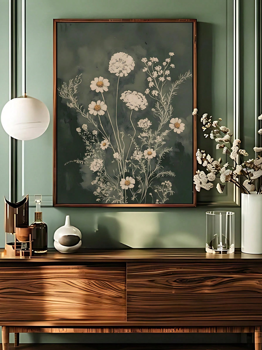 Transform your space with this captivating boho floral wall art, featuring delicate vintage botanical illustrations rendered in soothing sage green tones.