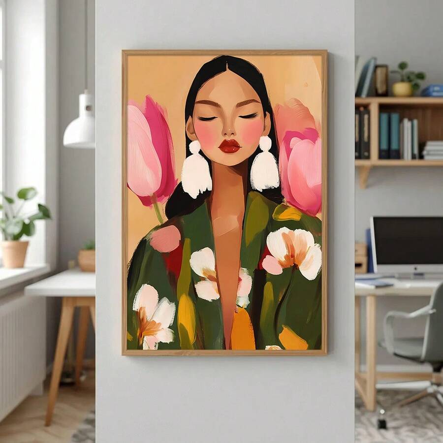 Boho floral woman wall art with closed eyes