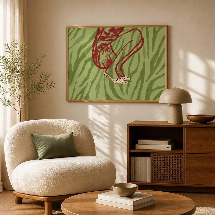 Abstract red high heel canvas poster on a sage green zebra stripe ground