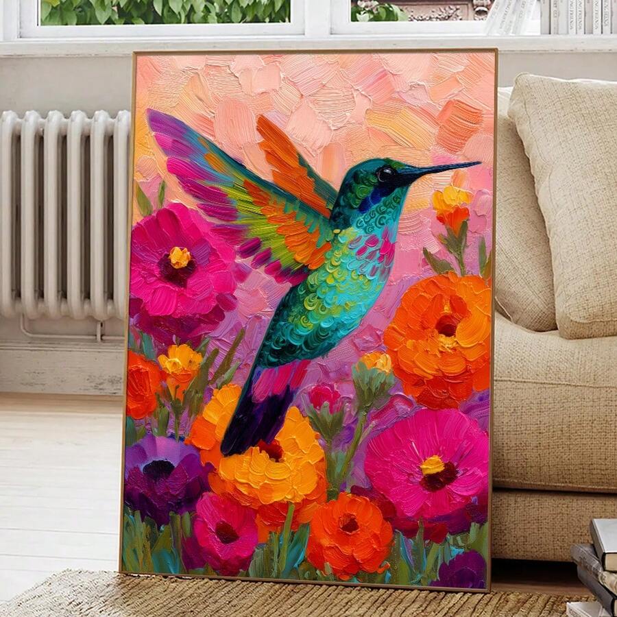 Bring vibrant Mexican folk art into your home with this stunning boho hummingbird canvas poster. Featuring intricate floral patterns inspired by traditional tribal designs, this piece celebrates nature's beauty with bold colors and dynamic imagery. Perfect for modern living spaces, dining rooms, or kitchens, the waterproof canvas ensures durability and longevity. Choose between framed or unframed options to match your décor style. The animal and plant motifs create a warm, welcoming atmosphere that compleme