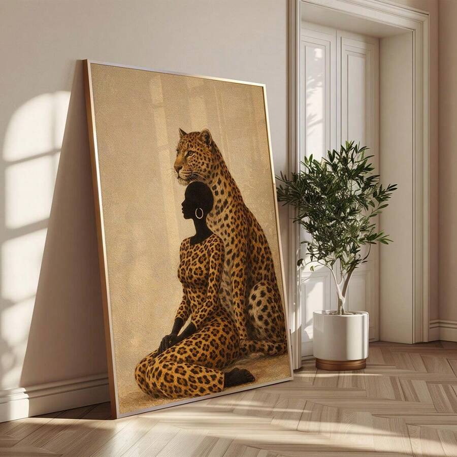 Boho leopard fashion portrait of an African woman on canvas