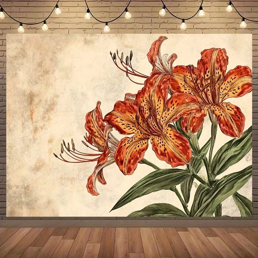 Boho orange lily tapestry on brick wall with string lights