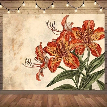 Boho orange lily tapestry on brick wall with string lights