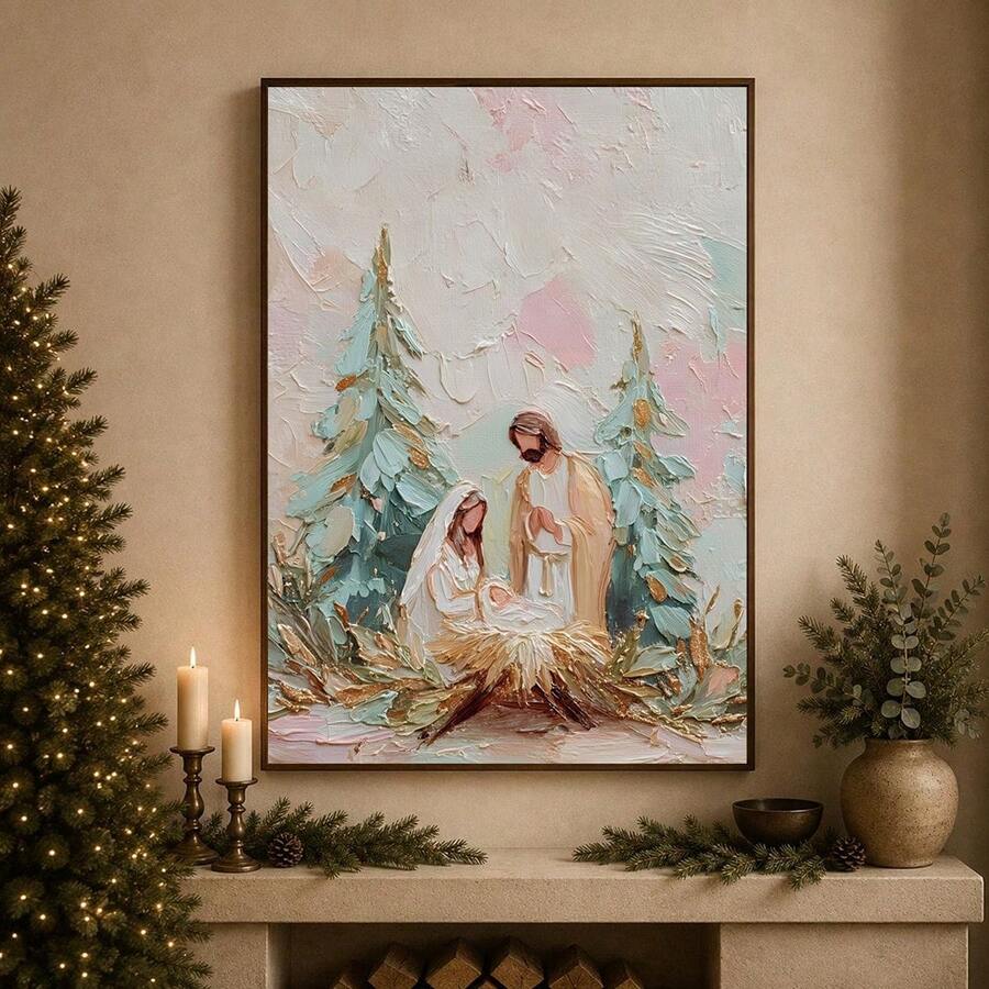 Framed Nativity canvas above a mantel beside candles and evergreen branches