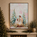 Framed Nativity canvas above a mantel beside candles and evergreen branches