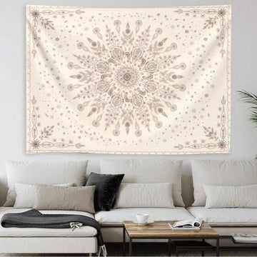 Boho beige floral tapestry with mandala pattern