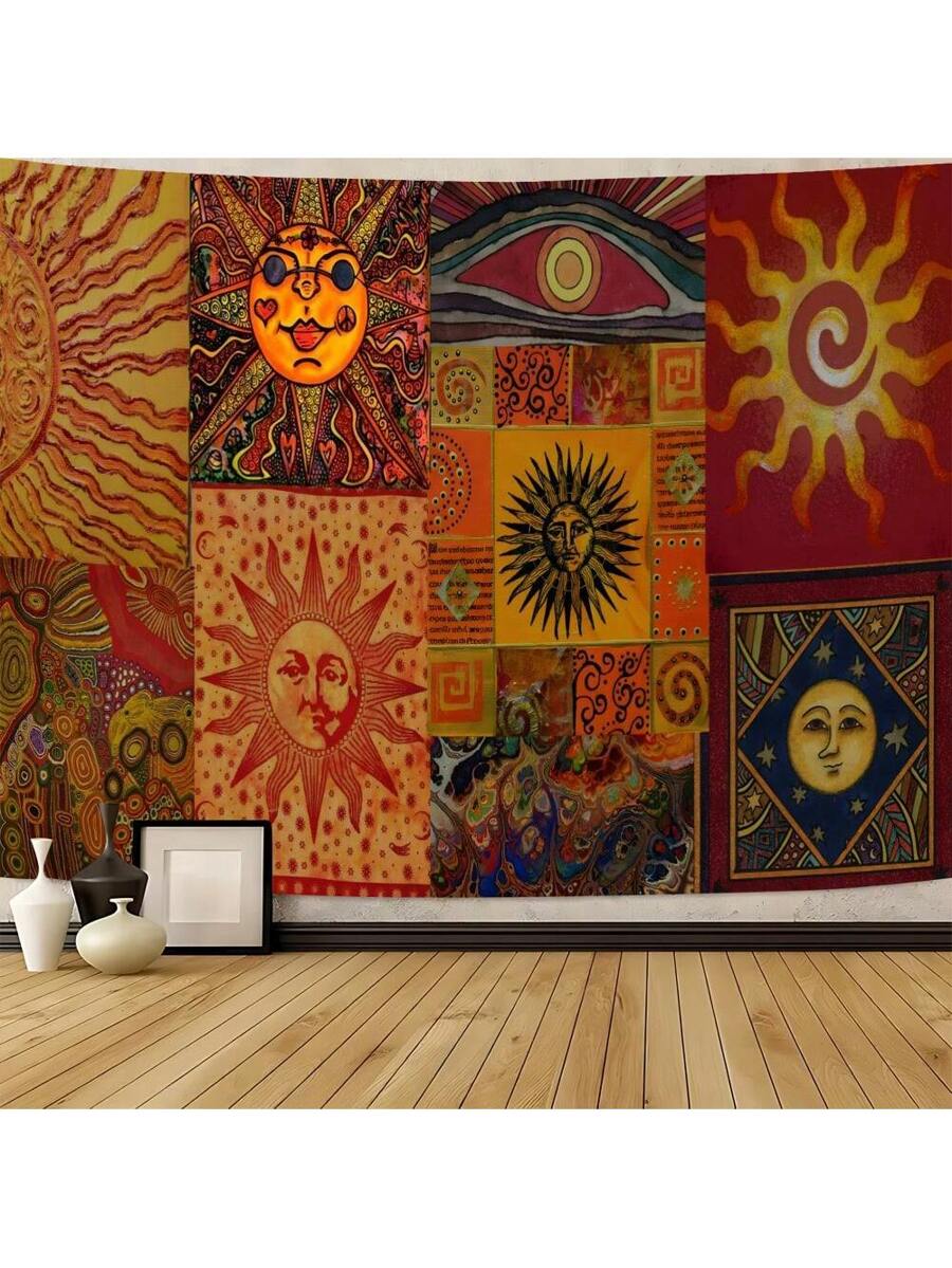 Boho sun moon and eye tapestry with orange teal blue and cream patchwork artwork