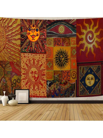 Boho sun moon and eye tapestry with orange teal blue and cream patchwork artwork
