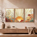 Boho Sun & Wild Floral Golden Rays Terracotta Canvas Poster Set 