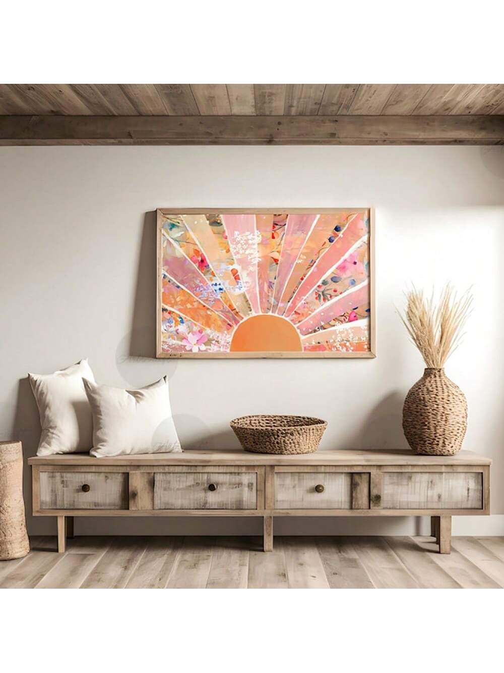 Elevate your living space with the Boho Sunrise Wall Art, featuring a delicate watercolor floral design in vibrant orange and soft blush tones. This piece blends playful color with modern aesthetics, making it an ideal accent for contemporary interiors. Crafted to bring warmth and artistic flair, it complements a variety of decor styles while adding a fresh, inviting atmosphere to any room. Perfect for those seeking a subtle yet striking statement in their home.