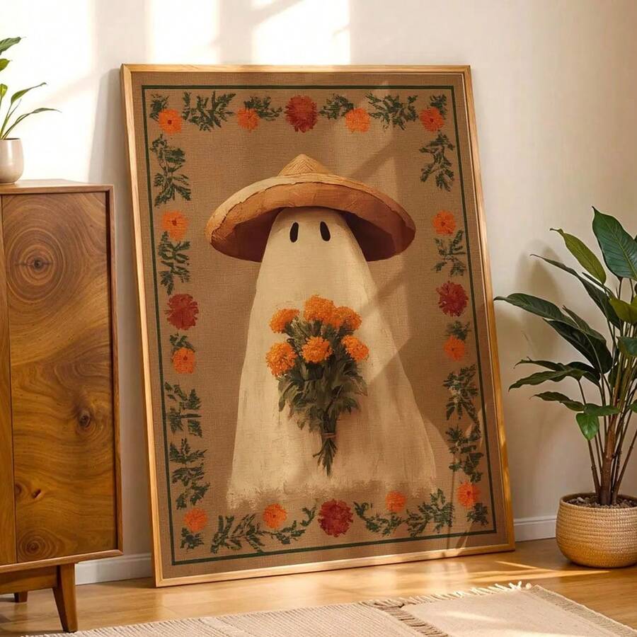 Cute ghost wall art with straw hat and orange flowers