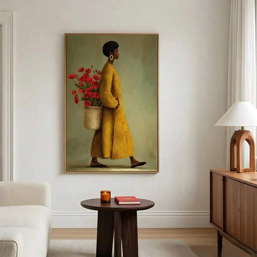 Black woman portrait canvas with mustard coat and red poppy basket in living room