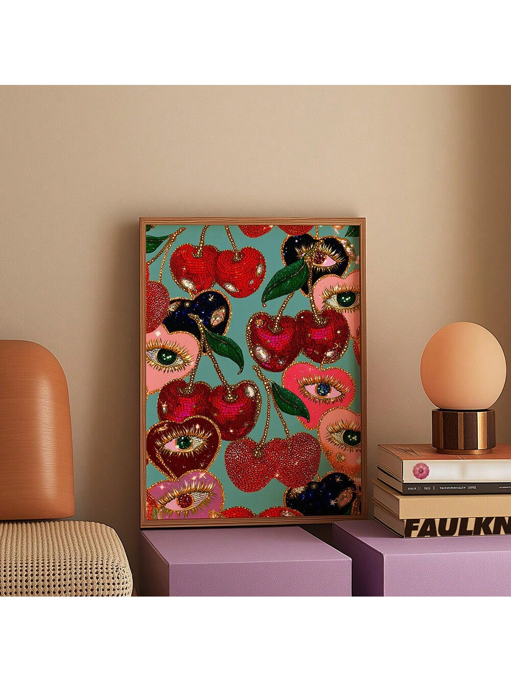 Elevate your kitchen ambiance with the Bold Cherry Poster, a striking maximalist glam art piece designed to complement eclectic decor styles. This unframed canvas print features vibrant cherry motifs that add a sophisticated yet playful touch to your space. Crafted for those who appreciate bold design, it effortlessly enhances visual interest while maintaining a refined aesthetic. Ideal for creating a focal point, this poster brings both energy and elegance to your kitchen environment.