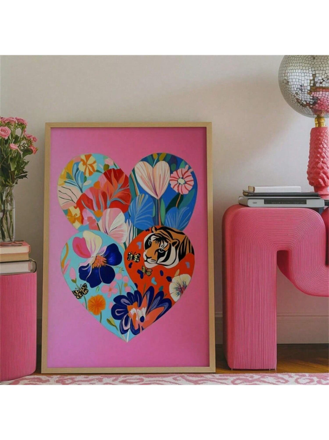 Transform any space with this striking Floral Heart Poster Art that masterfully combines bold tiger and butterfly imagery within a heart-shaped floral arrangement. Printed on premium canvas, this vibrant art piece delivers exceptional color saturation and durability. Perfectly suited for teen girl bedrooms, this statement piece also complements eclectic home décor schemes, adding a sophisticated yet playful focal point to any wall.