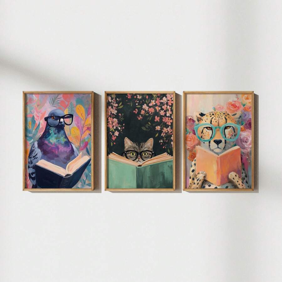 Bookish animal trio framed wall art