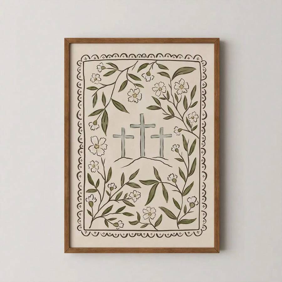 Botanical Christian folk art print with three crosses and floral border