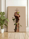 Christian botanical canvas art with hand holding ornate cross