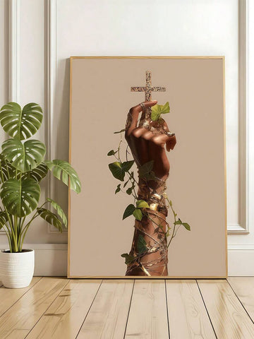 Christian botanical canvas art with hand holding ornate cross