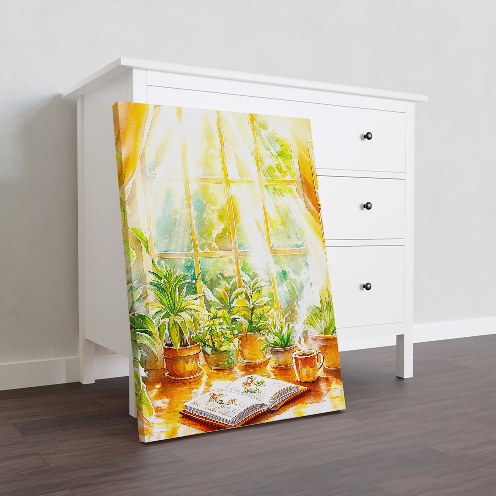 Add some natural beauty to your home with this Botanical Wall Art Print. Featuring a delicate Watercolor Illustration of a Garden Window filled with Plants and a Book, this print is perfect for adding a touch of greenery to your Living Room, Sofa, or Bedside. Elevate your home decor with this stunning piece.