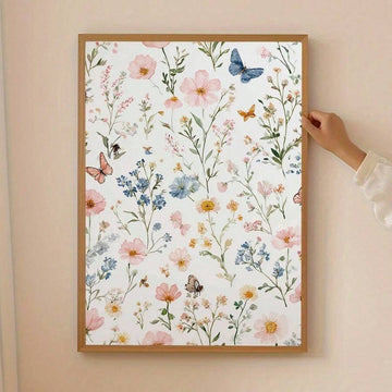 Botanical wildflower butterfly and bee watercolor canvas poster in a light wood frame