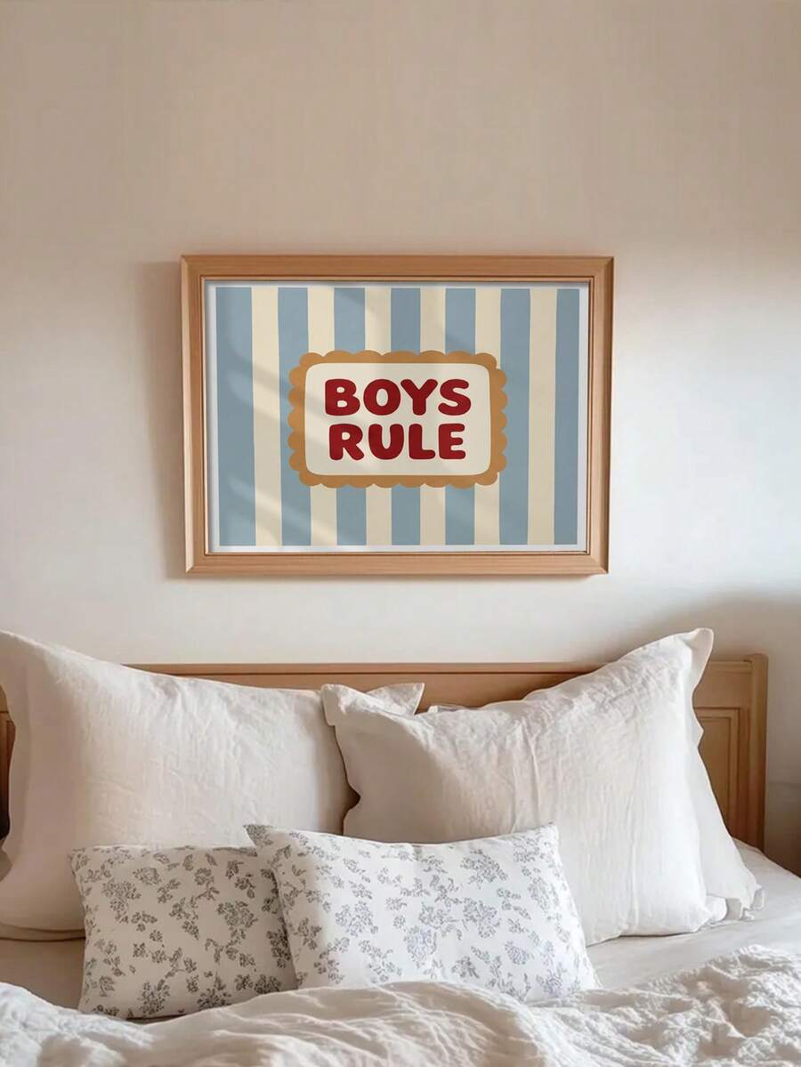 Retro Boys Rule typography canvas poster in blue and cream stripes