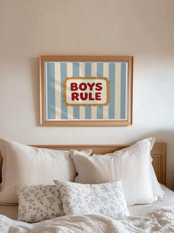 Retro Boys Rule typography canvas poster in blue and cream stripes