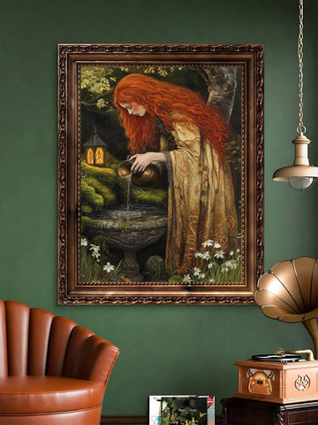 Fantasy wall art with red haired woman pouring water into fountain in forest