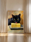 Black cat licking butter painterly canvas poster in a light wood frame