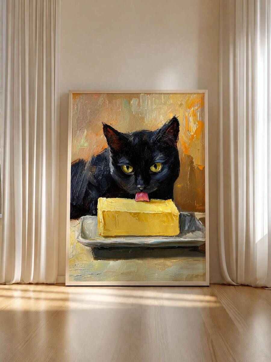 Black cat licking butter painterly canvas poster in a light wood frame
