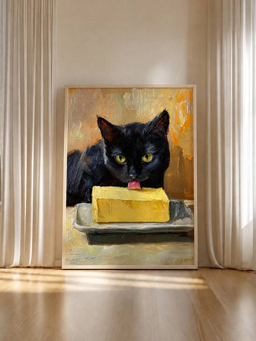 Black cat licking butter painterly canvas poster in a light wood frame
