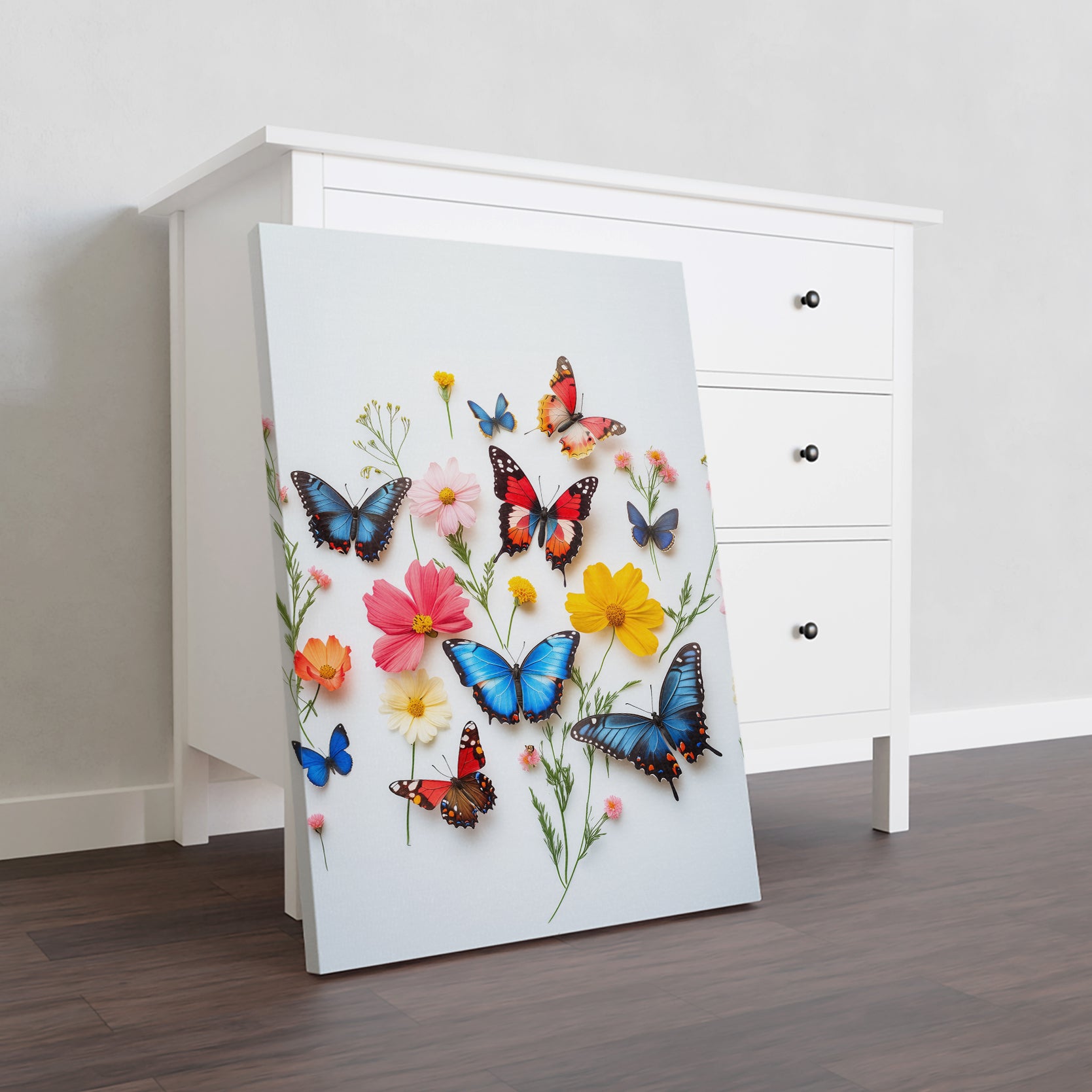 Enhance your living room, sofa backdrop, or bedside with our Butterfly Garden Canvas Wall Art. The vibrant and colorful floral print will add a touch of nature to any space. Made with high-quality canvas, this home decor piece is sure to brighten up any room.