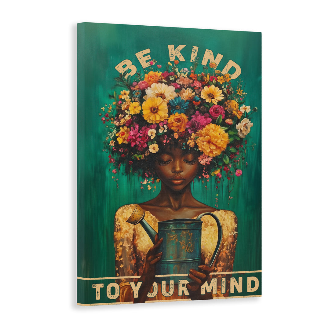 Elevate your living space with our "Be Kind To Your Mind" canvas wall art. This beautiful floral portrait painting promotes positivity and is perfect for your living room, sofa backdrop, bedside, or any other room in your home. Bring a touch of mindfulness and beauty to your decor.