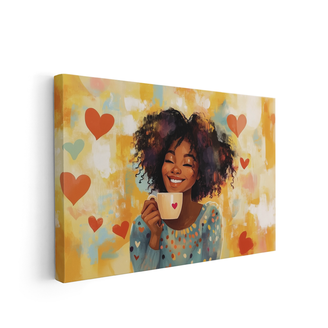 This wall art canvas features a smiling woman with curly hair holding a coffee mug against a hearts background. Perfect for decorating your living room, sofa backdrop, or bedside, this canvas adds a touch of warmth and coziness to any space. Made with high-quality materials, this piece is sure to elevate your home decor.