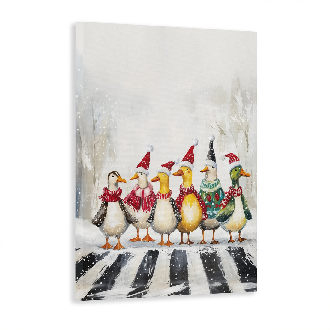 Add a playful touch to any room with this Funny Duck Crossing the Road Canvas Wall Art. Featuring a duck braving the elements, it's perfect for living rooms, backdrops, or bedside decoration. Bring a sense of humor and charm to your home decor with this snowy day scene