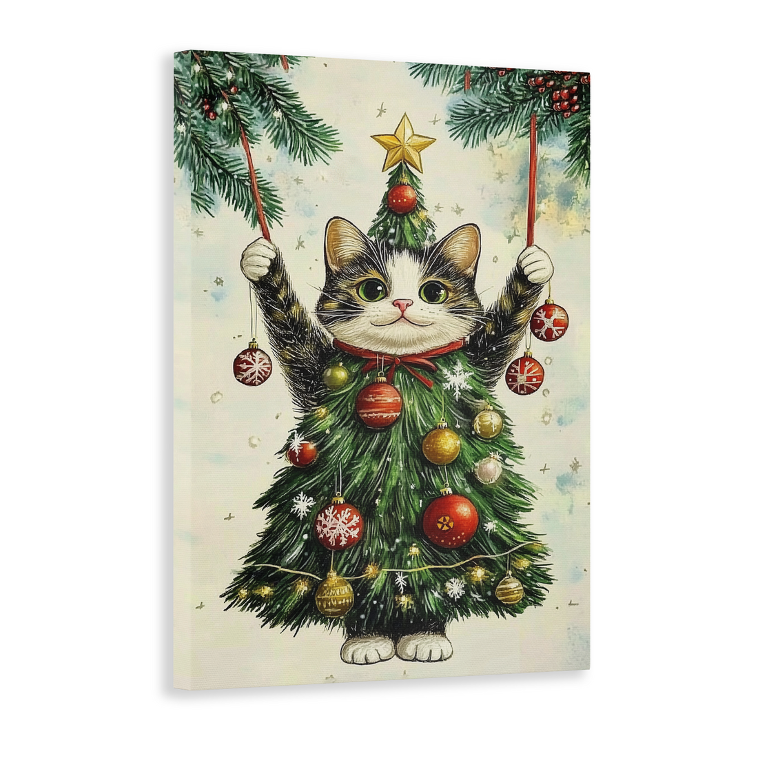 Add a touch of holiday whimsy to any room with this Whimsical Cat Christmas Tree Canvas Wall Art. Perfect for living rooms, sofa backdrops, bedside decoration, or home decor, this piece features a playful cat and a festive Christmas tree, adding a fun and festive atmosphere to your space. Made with high-quality canvas, it is durable and sure to last for many holiday seasons to come.