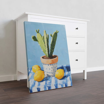 Canvas Wall Art Painting of Cactus Plant and Lemons, Blue and Yellow - For Living Room, Sofa Backdrop, Bedside Decoration, Home Decor