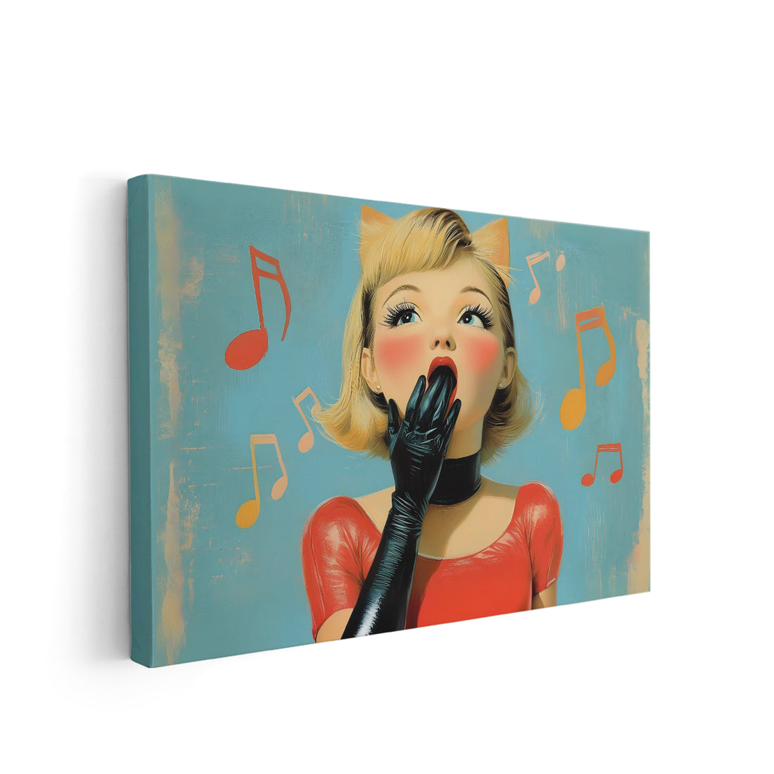 This elegant living room, sofa backdrop, bedside decoration, and home decor features a beautiful blonde woman singing among musical notes. Let this stunning piece add a touch of sophistication and creativity to any room, making it the perfect addition to any music lover's home.