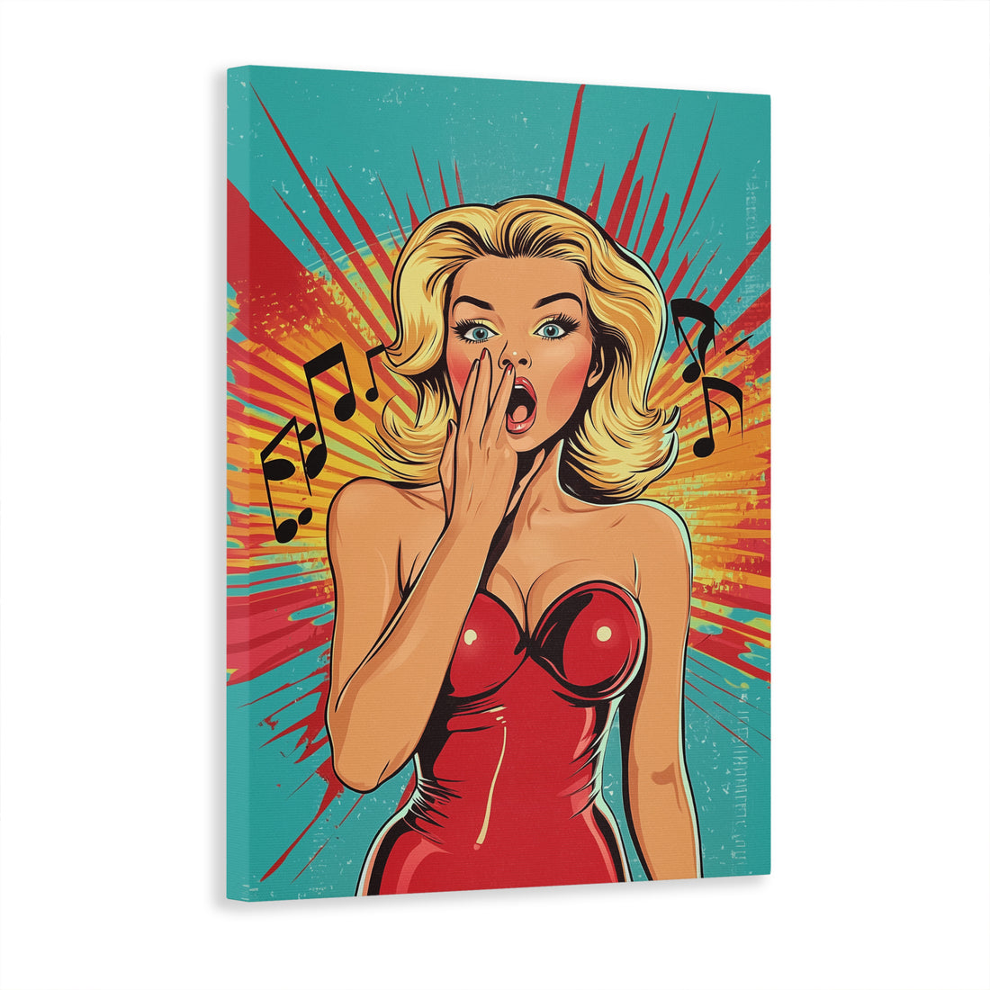 Add a touch of retro pop art to your living room, sofa backdrop, bedside or any other room in your home with this canvas wall art featuring a singing woman and musical notes. The colorful design is sure to brighten up your space and evoke a sense of nostalgia.