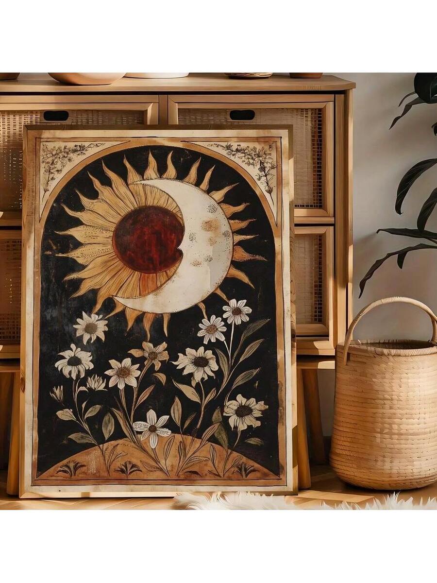 Vintage sun moon floral print leaning near rattan cabinet