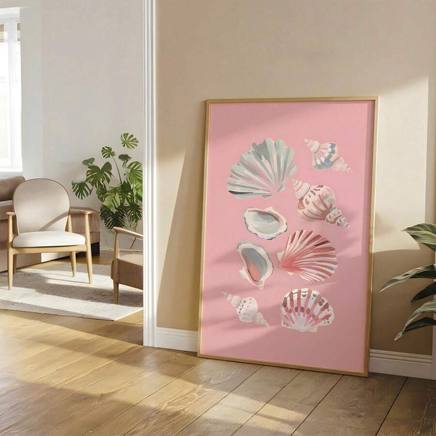 Large pink seashell print leaning in bright living room