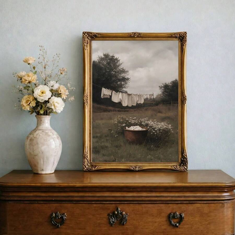 Vintage laundry landscape print in ornate gold frame on dresser