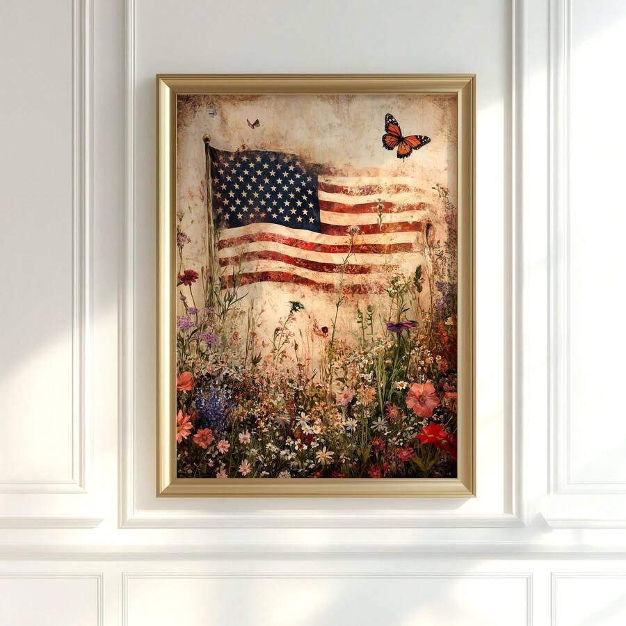 Framed vintage American flag canvas print with wildflowers and monarch butterfly on white paneled wall