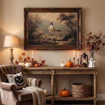 Vintage Witch Ghost Canvas poster featuring a broom ride over an autumn countryside. Perfect for cozy farmhouse, Halloween, witchcore, and fall decor.