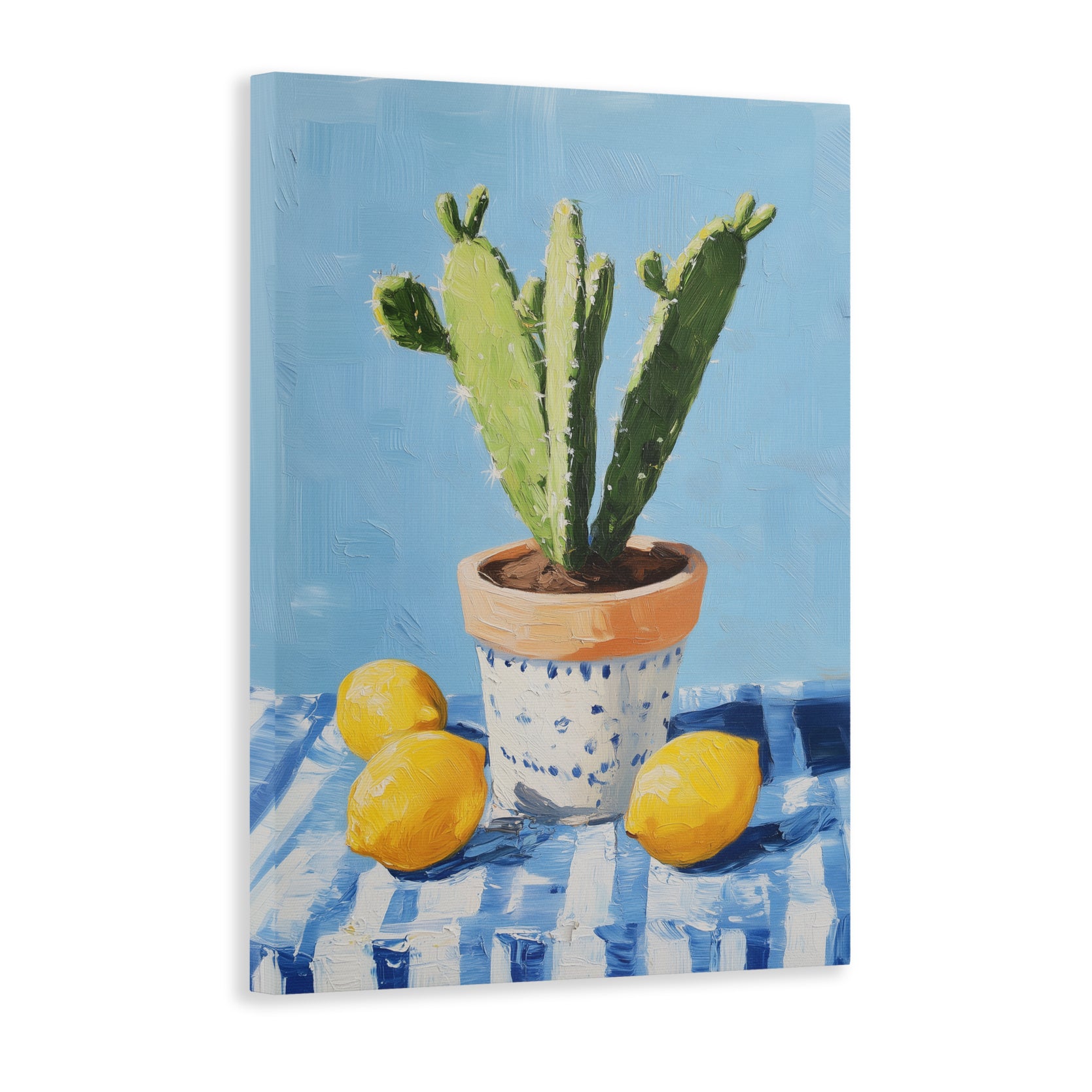 Enhance any living space with our canvas wall art featuring a cactus plant and lemons in blue and yellow. Perfect for living room, sofa backdrop, bedside decoration, or home decor. Made with high-quality canvas, this painting adds a pop of color and natural beauty to any room.